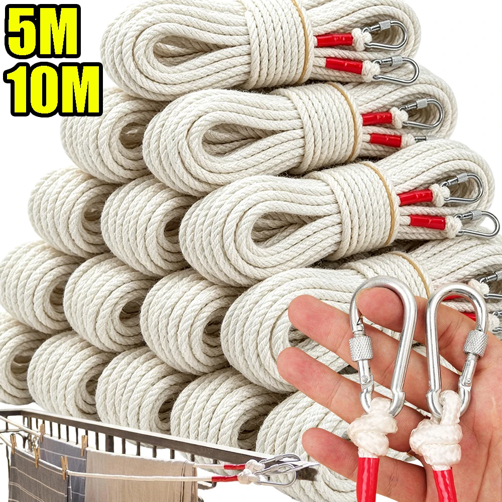 Cuerda de tendedero cortavientos de 5/10M con núcleo de acero, doble mosquetón para secado de ropa, lavandería, viajes y sujeción de tiendas de campaña