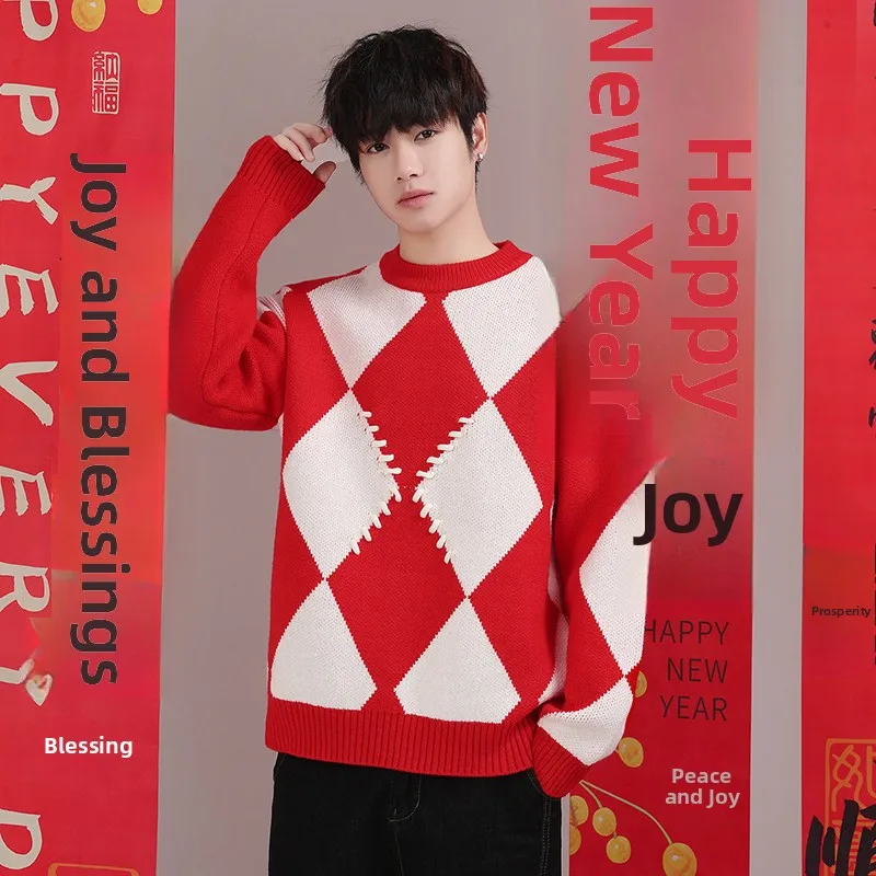

Новый мужской вязаный свитер 2025 года: парная зимняя одежда, красный трикотаж для молодежи, повседневный, комфортный, теплый, дышащий