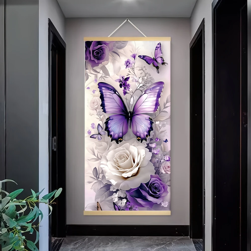 1pcs 2D Flat Scroll Hanging Canvas White Butterfly with Sparkling Stars and Flowing Light Trail Decorative Art for Living Room