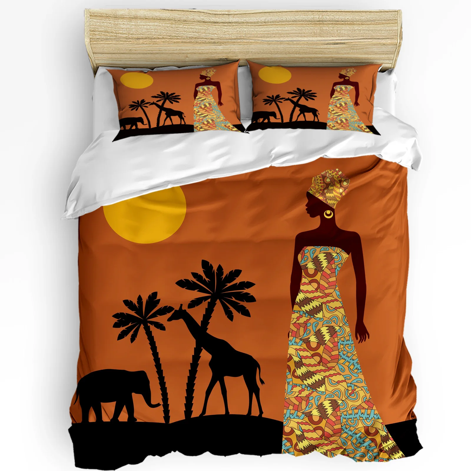 

African Woman Plant Giraffe Elephant Ethnic Duvet Cover with Pillow Case Custom Bedding Set Quilt Cover Double Bed Home Textile