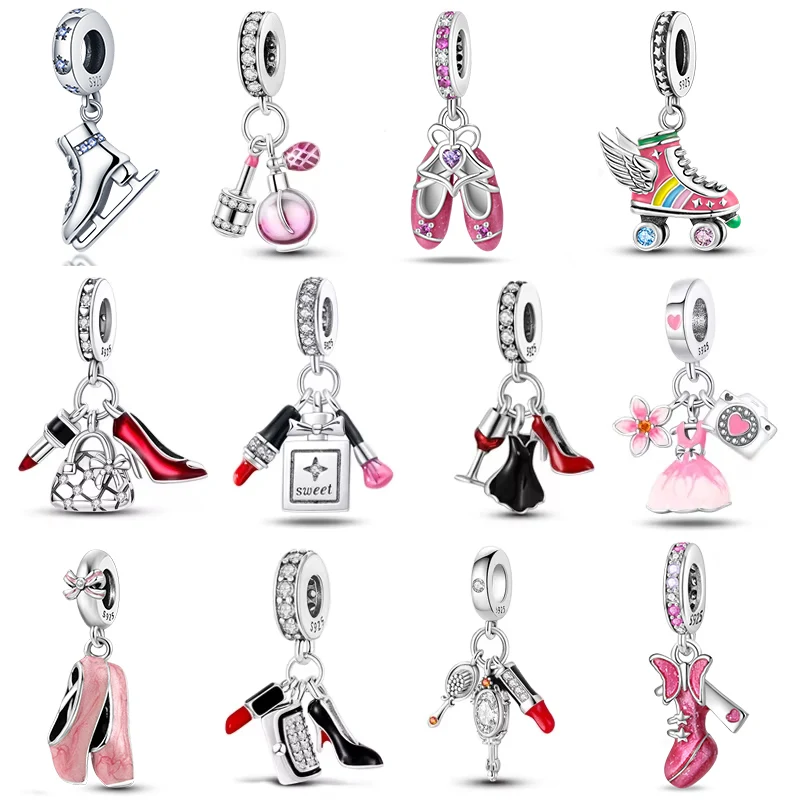

925 Sterling Silver Fashion Dress High Heels Lipstick Camera Collection Charm Beads For 3mm Original Bracelet DIY Jewelry