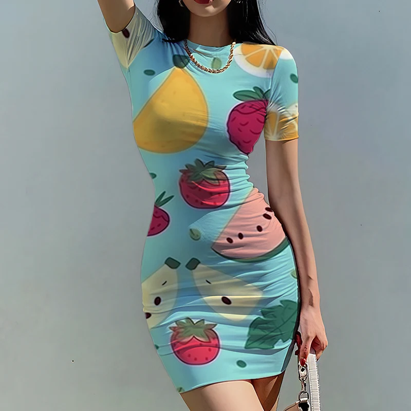 Summer new ladies slim dress many fruits 3D printed ladies dresses fun style ladies slim dress fashion trend women's slim dress