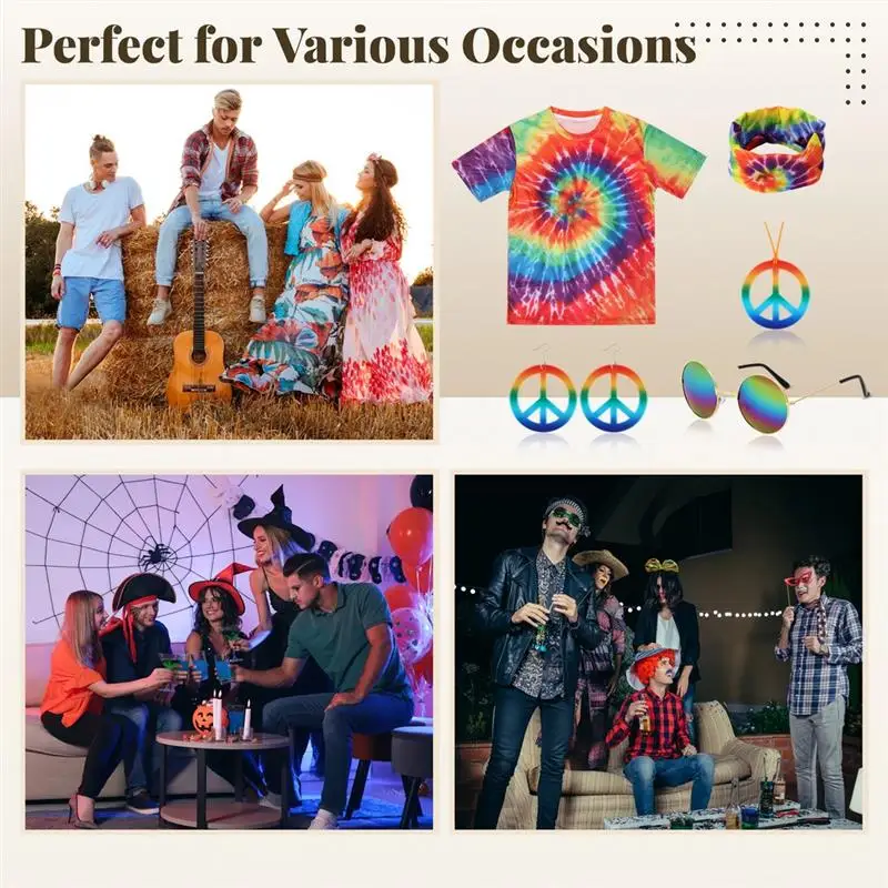 70s Men\'S Hippie Costume Outfit Colorful Tie-Dye Print T-Shirt Set With Headband Sunglasses Peace Sign Necklace Colorful Shirts