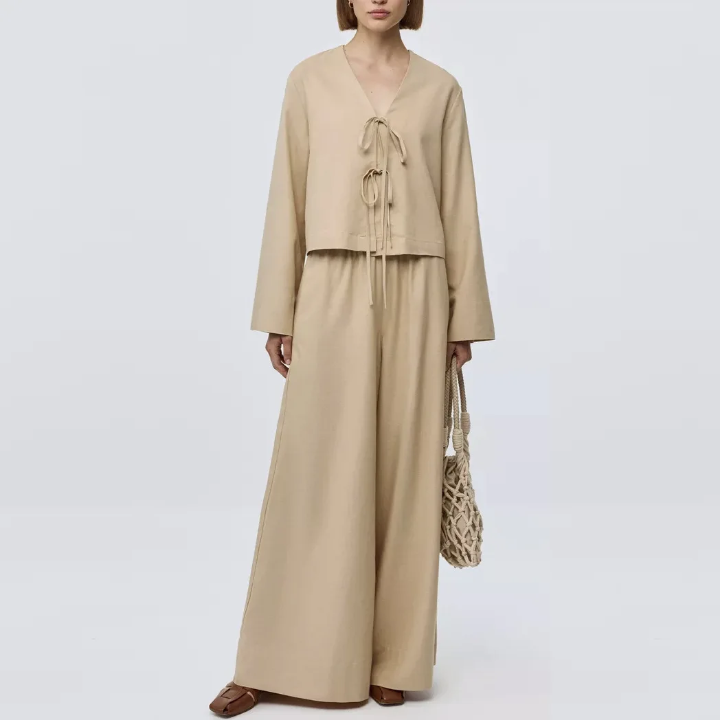

Women's Cotton Pant Suit Casual Loose Lace-up Long Sleeve V-neck Shirt Trousers Two-piece Set Summer New Vocation Streetwear