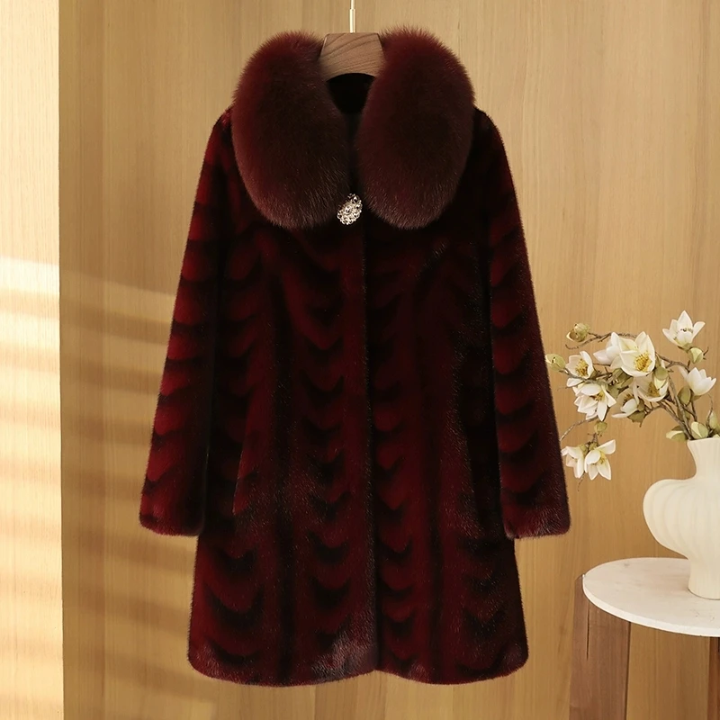 Middle aged mother Fox fur collar fur Coat 2025 Winter New Fashion Temperament Medium long Mink fur Coats Women's Thick Overcoat