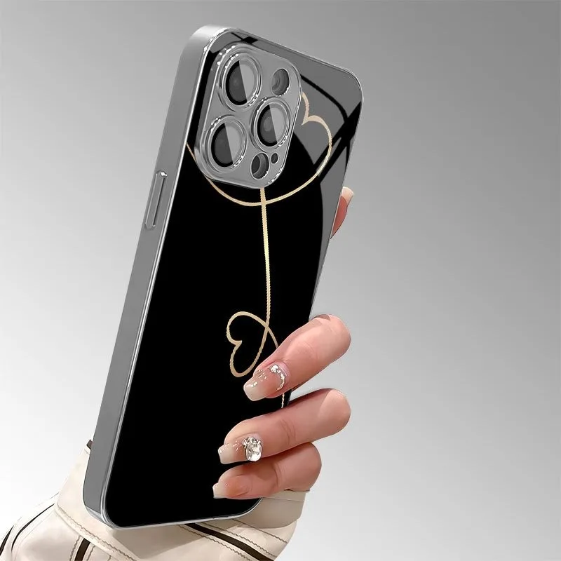 Simple gold heart-shaped line pattern glass electroplated phone case, suitable for iPhone 17, 16, 15, 14, 13, 12, 11, etc.