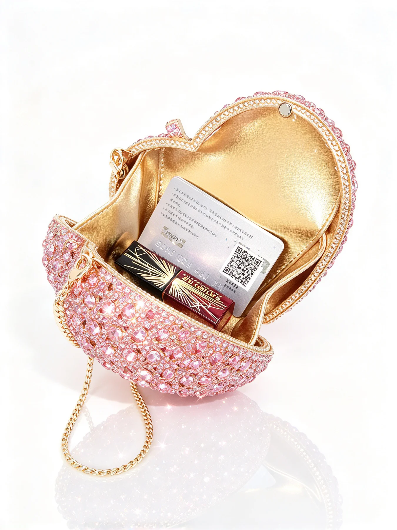 Pink Crystal Heart Shaped Women's Clutch Bag with Full Rhinestone Gold Chain Shoulder Crossbody Handbag for Wedding Party Luxury