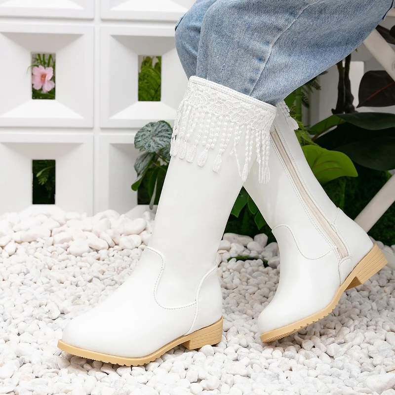 

Winter Kids Shoes Boots for Girl Fashion White Tassel Princess Catwalk Long Boots Outdoor Causal Children's Plush Riding Boots