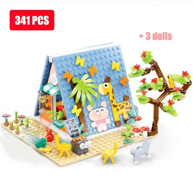 City Cat Hotel Sets Girl A-Frame Pet House Apartment Garden Villa Sakura Tree Building Blocks Friends Animal Toy Kid Gifts