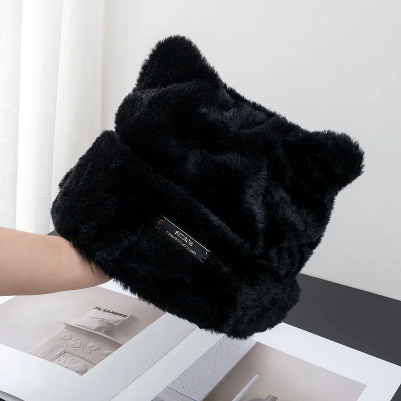 New Women\'s Korean Version Cute Cat Ears Imitation Mink Fur Knit Hat Cold Hat Wool Hat Fashion Versatile Plush Pullover Hat