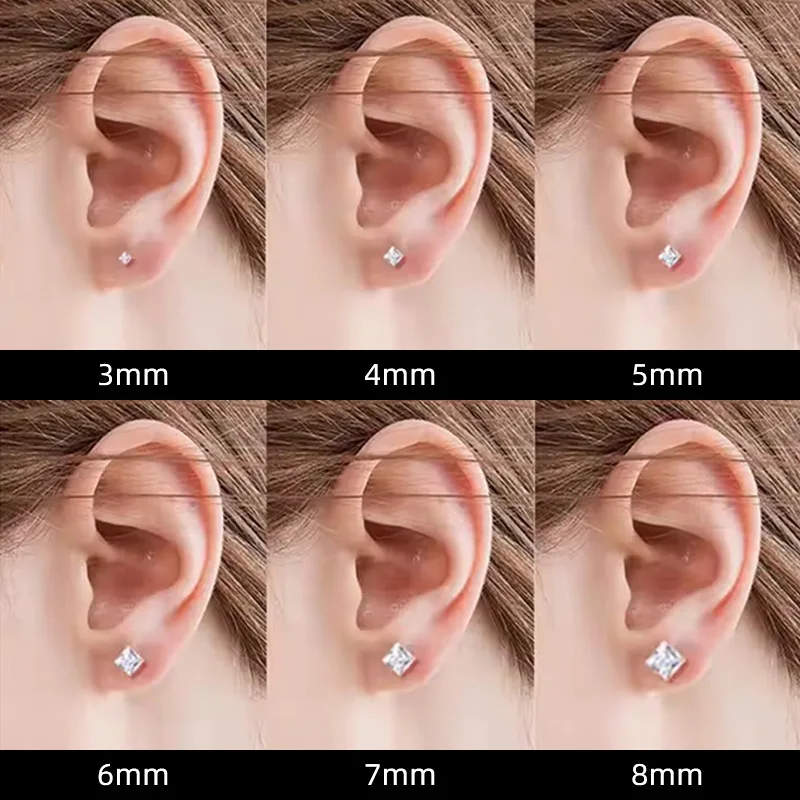 Shiny Zircon Titanium Steel Square Earrings for Women with Pierced Ears Flat Bottom Stainless Steel Ear Bone Nails