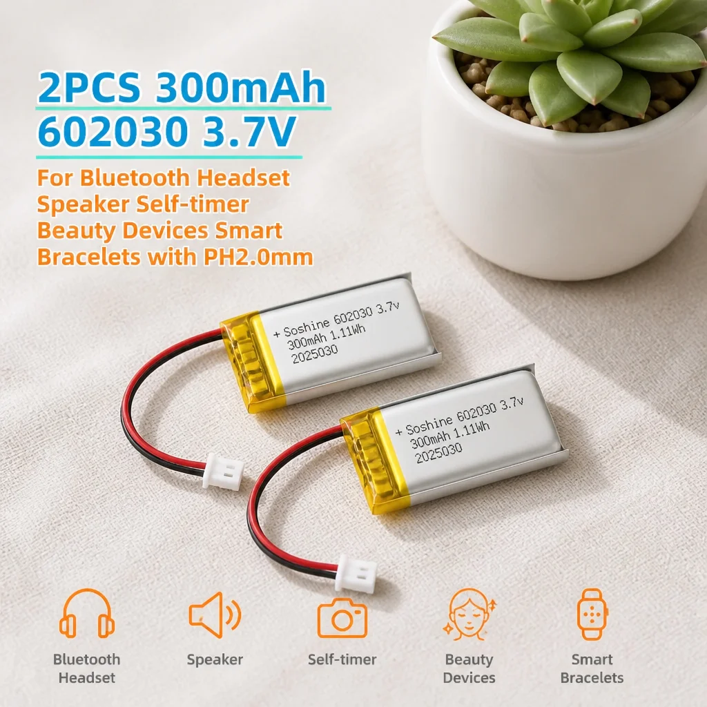 2PCS 300mAh 602030 3.7V Li-Polymer Battery for Bluetooth Headset Speaker Self-timer Beauty Devices Smart Bracelets with PH2.0mm