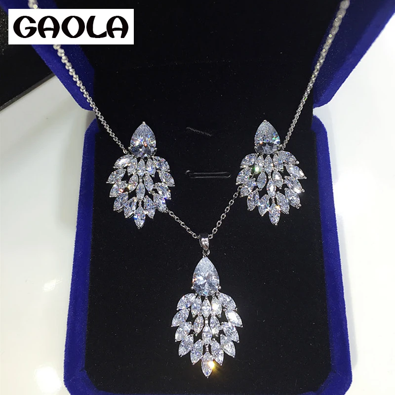 GAOLA 2016 New Silver Color Crystal  Earrings and Necklace charms Jewelry Sets GLD0986AGLE5056A