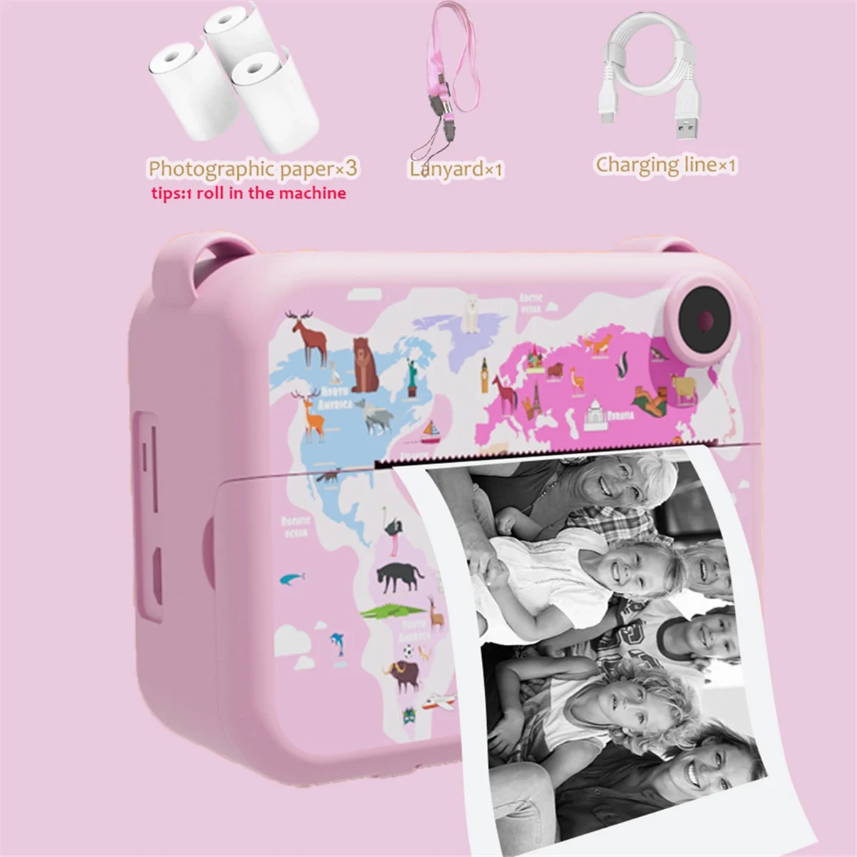 Cámara instantánea digital con papel impreso Niños Cámara de vídeo selfie para niños Videocámara Cámara Juguete para regalo para niños, Rosa claro