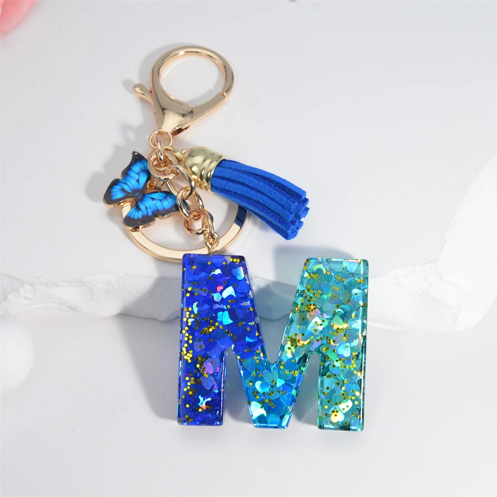 Sea Blue A To Z 26 Letter Keychain Women Wallet Charms 26 Initials Alphabet Butterfly Tassel Pendant With Key Rings Jewelry Gift