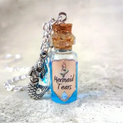 Mermaid Tears Bottle Necklace Glass Cork Potion Vial Charm Blue Liquid Shimmer Magic Spells Once Upon A Time