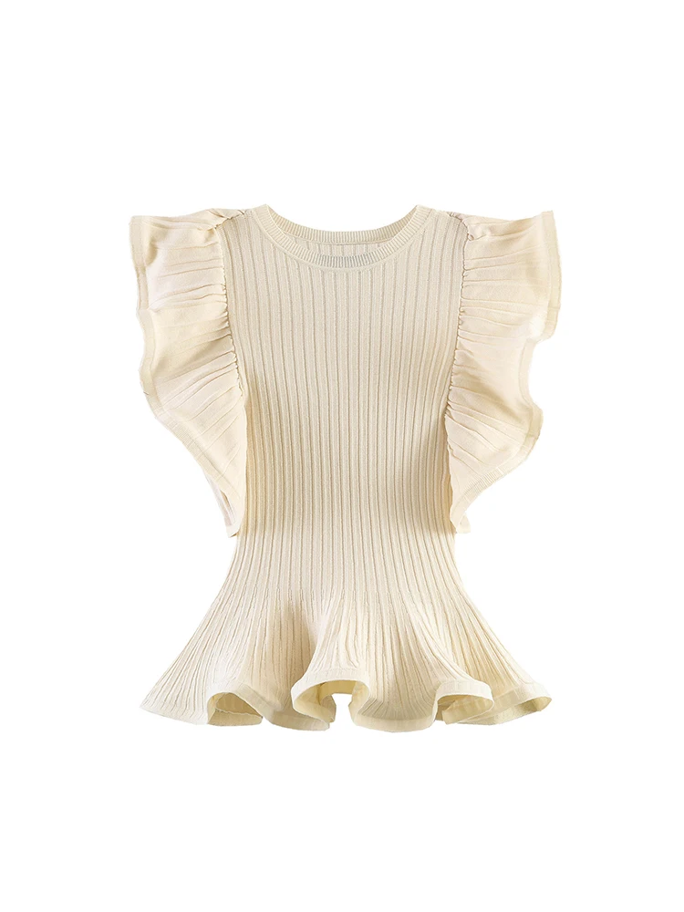TFMLN New Women's Knitted Tops Ruffles Sleeveless Waist Cinching Top Round Neck Solid Slim Knitwear Elegant Female Partywear - view 3