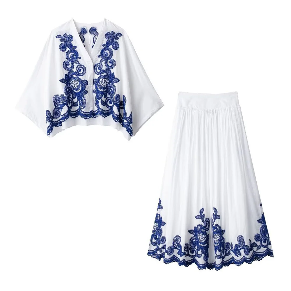 PB&ZA2024 Summer New Product Elegant and Elegant Women\'s Wear Contrast Embroidered Shirt Elastic Waist Skirt Set