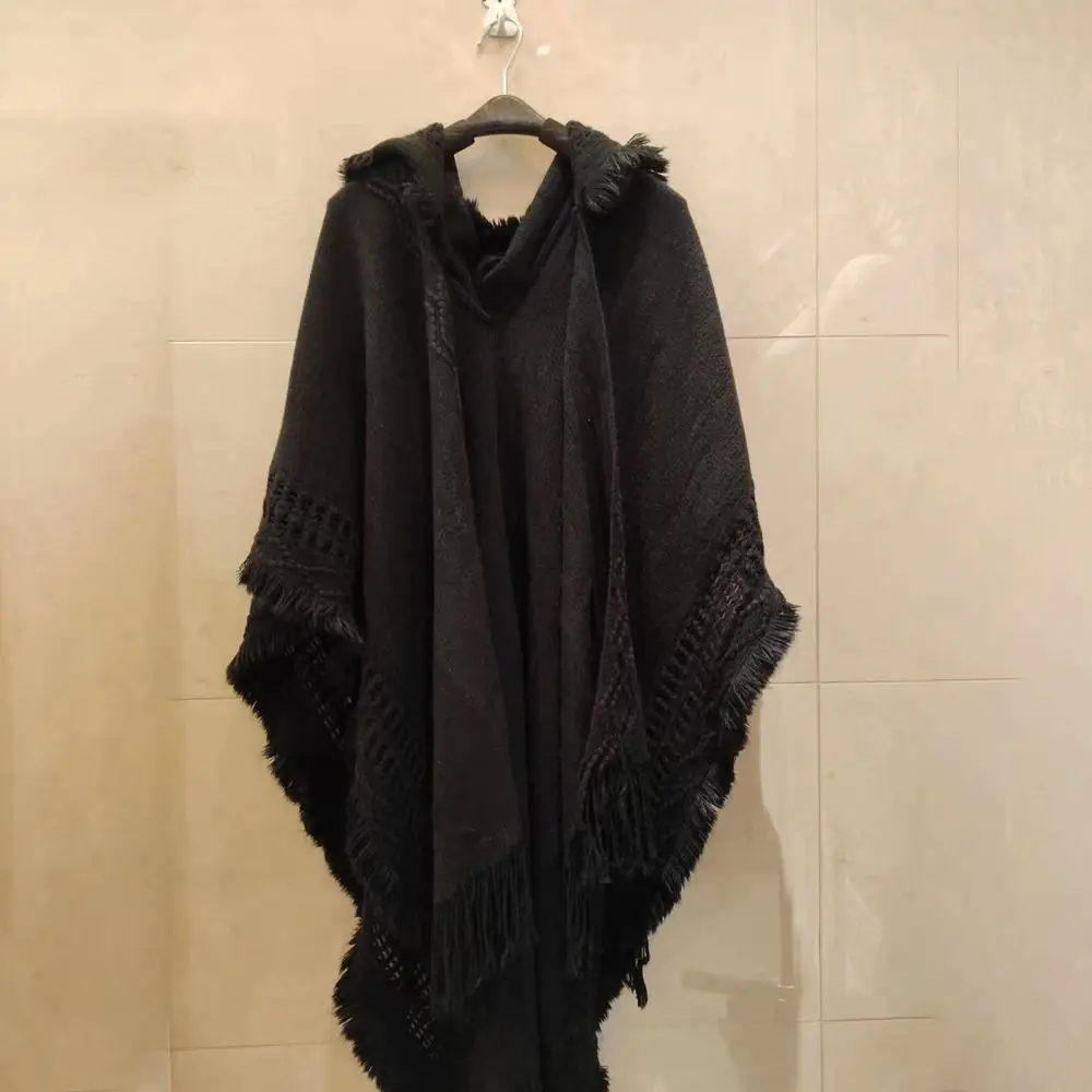 

Женский плащ с капюшоном, вязаная шаль, богемная зимняя теплая женская накидка с кисточками, косая полоска, шарф, пальто
