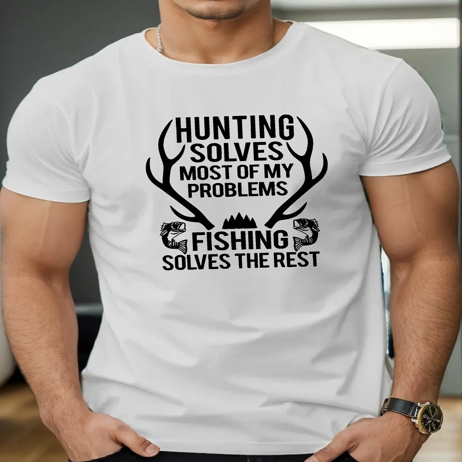 HUNTING AND FISHING Printed Men's Casual T-Shirt - Polyester, Soft Breathable Quick Dry Fabric, Short Sleeve Round Neck - Summer Tee - For Men - Perfect for Outdoor Activities Casual Wear - Grea 100% cotton t shirt, Gift tshirt