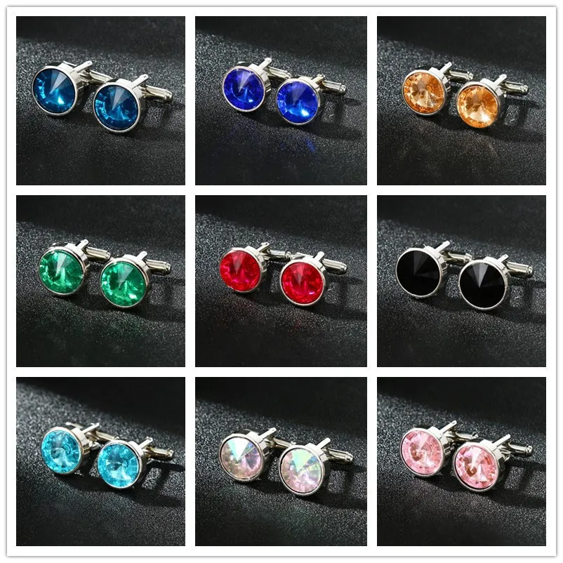 Round silver background multi-color fashion gemstone crystal cufflinks men's and women's shirts, cuffs, sleeve nails, personalit