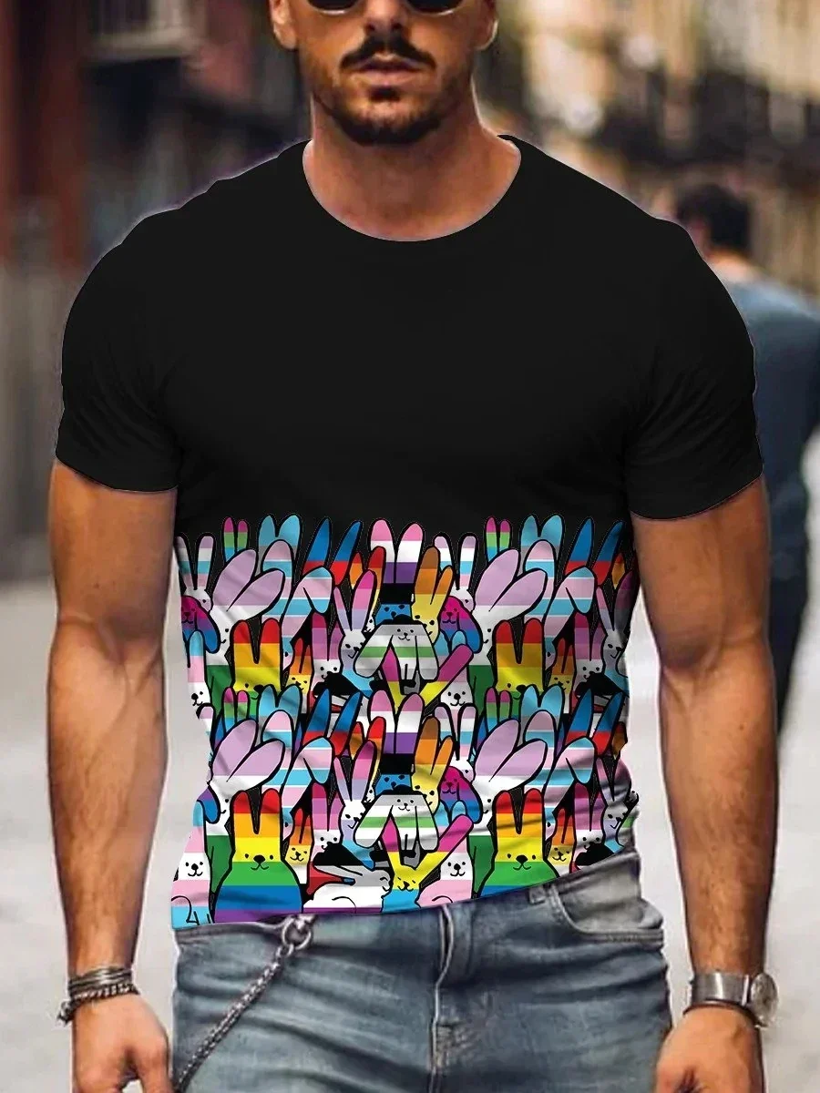 

2023 Summer Men's Printed Casual Crew Neck Short Sleeve T-Shirt Men's Rainbow Bunnies Print Casual T-Shirt 3D Printed T Shirt