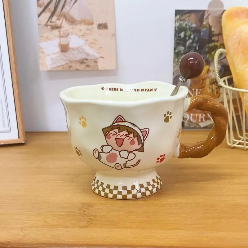 Chibi Maruko-Chan Cartoon Mug Good-Looking Ceramic Cup Household Drinking Cup Coffee Cup Souvenir Spoon Holiday Gift for Girls