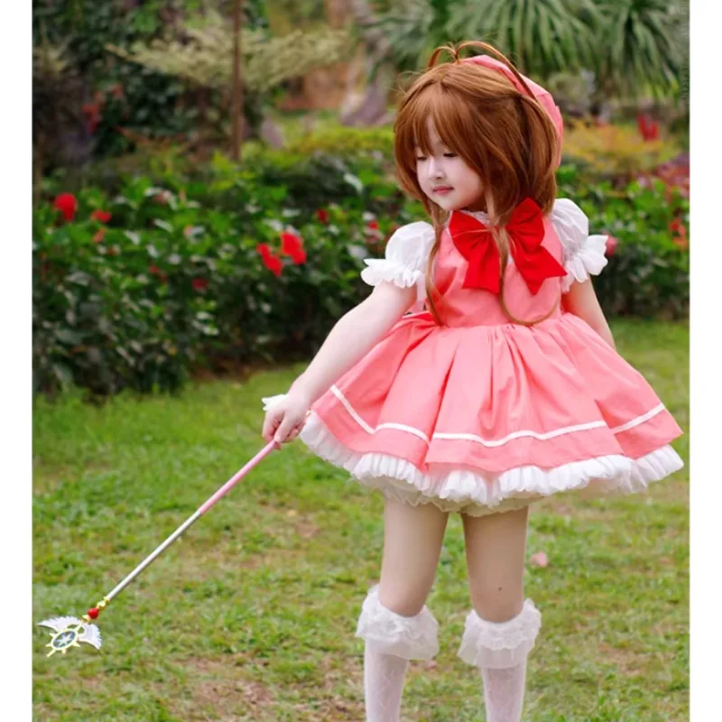 Girls Anime Kinomoto Sakura Cosplay Costume Wig Magic Staff Lolita Dress Uniform Full Set Halloween Party Role Play Suit - view 6
