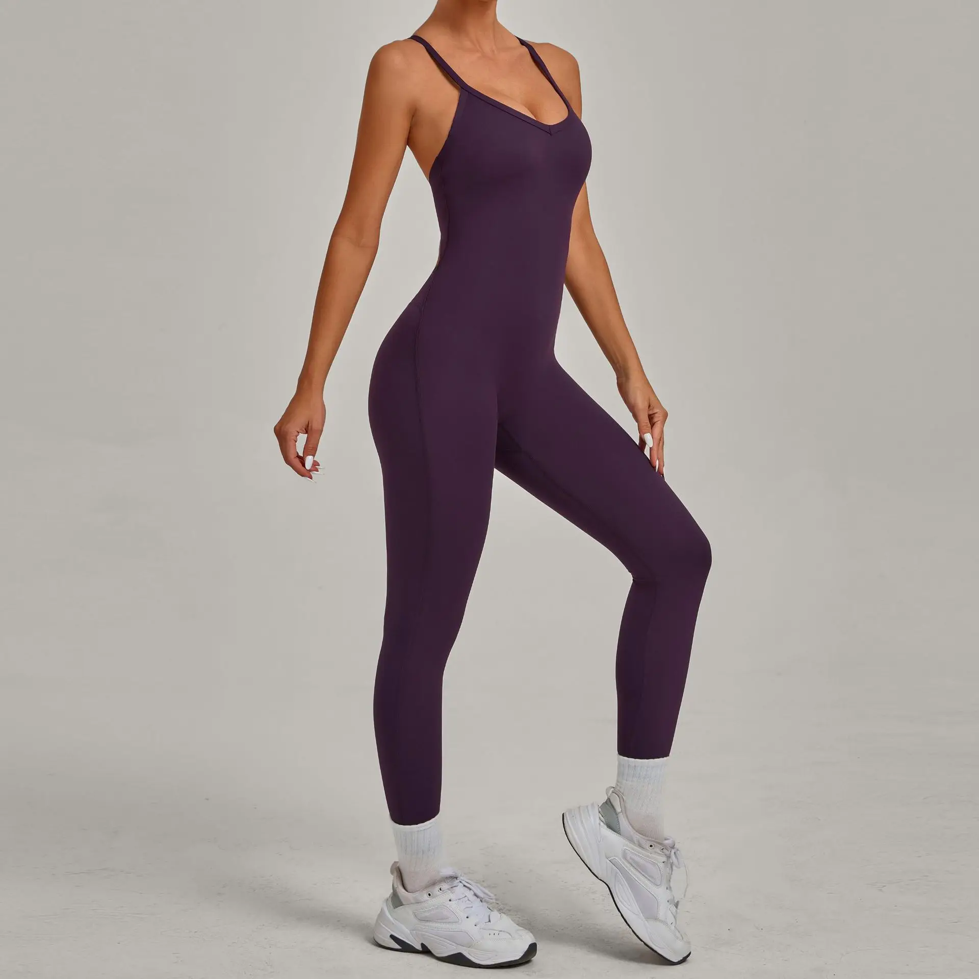 Naked Feel Backless Yoga Jumpsuit for Women Cross Strap Adjustable Workout Bodysuit Tight Fit Butt Lifting Sports Romper for Gym