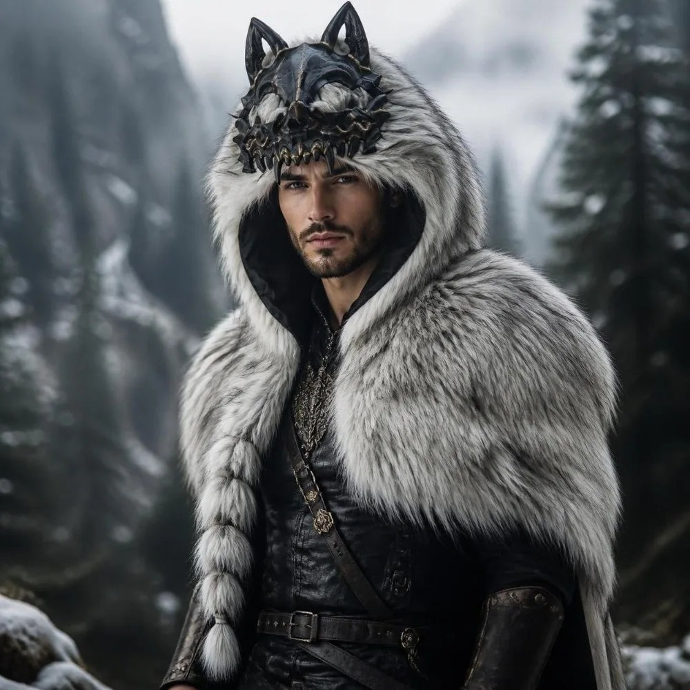 Furry Wolf Skull Hood Viking Costume Vintage Warrior Mantle Hat Medieval Style Headdress Cosplay Costume Hood Carnival Party