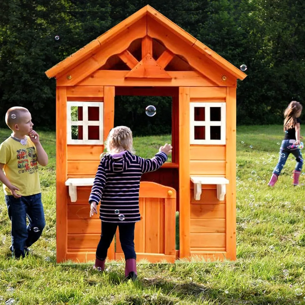 Outdoor Playhouse for Kids Wooden Backyard Playhouse Fir Wood Pretend Game House with 2 Windows and Flowerpot Holder