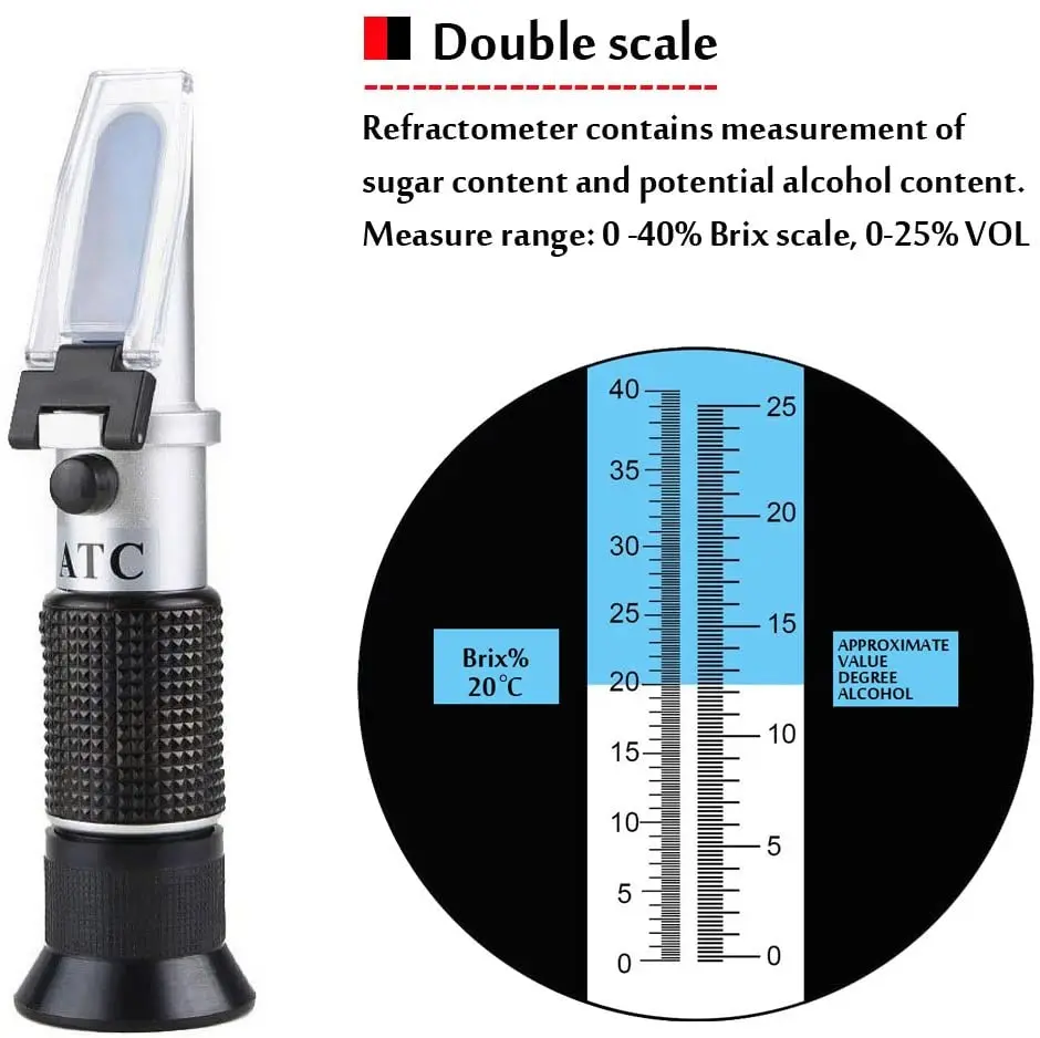 Handheld Alcohol Sugar Refractometer Tester Wine Concentration Meter Densitometer 0-25% Alcohol Beer 0-40% Brix Grapes