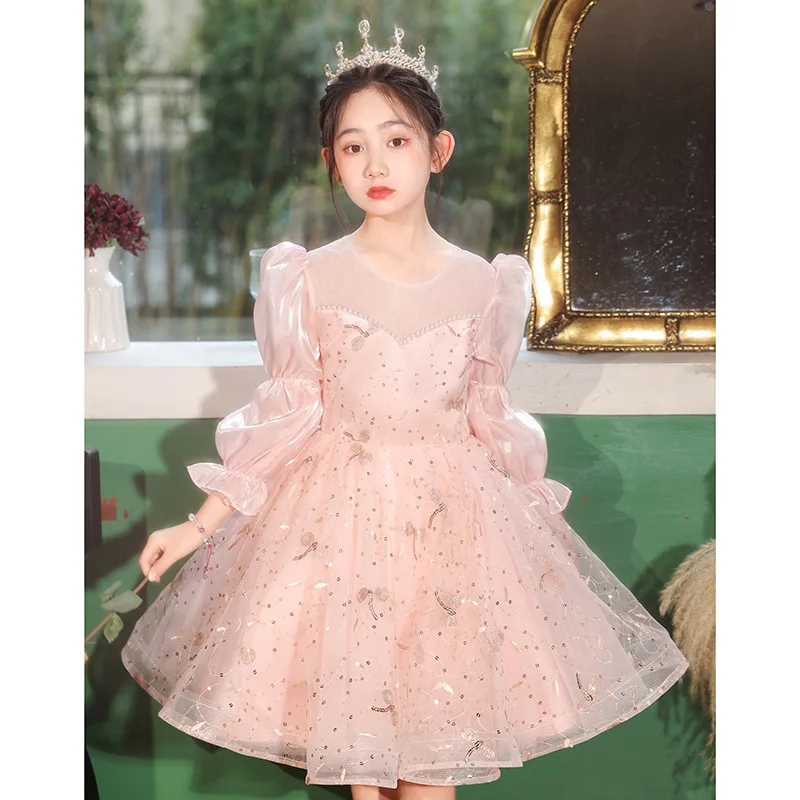 

3-12 years pink birthday dresses for girls party 7-8y 2025 new long-sleeved gauze princess dress 4-5Y
