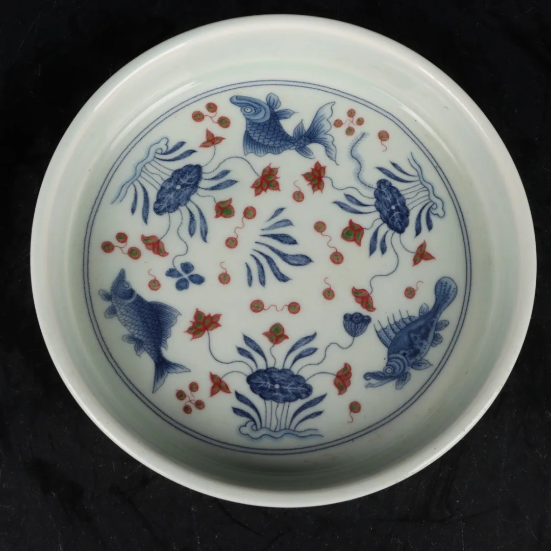 Jingdezhen Blue and White Glazed Red Fish Algae Pattern Plate Antique Porcelain Decoration