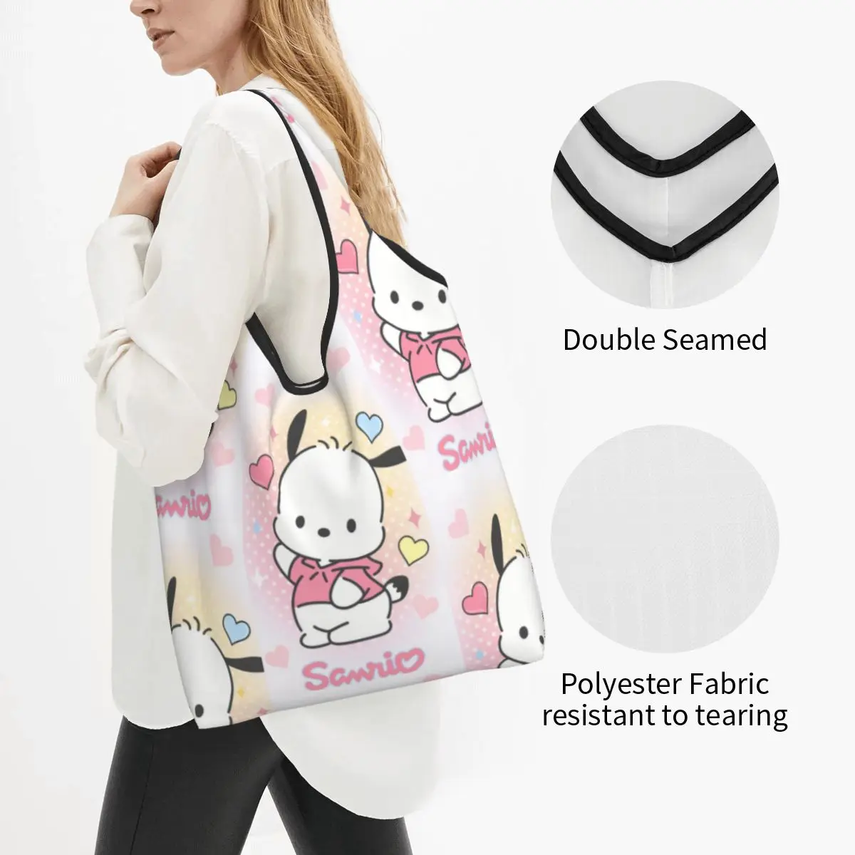 Custom Reusable Pochacco Sanrio Cartoon Shopping Bag Women Tote Bag Portable Groceries Shopper Bags