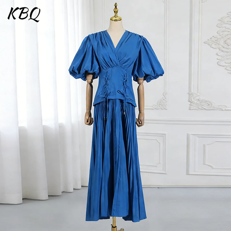

KBQ Solid Spliced Lace Up Elegant Long Dresses for Women V Neck Puff Short Sleeve Temperament Slimming Chic Folds Dresses Female