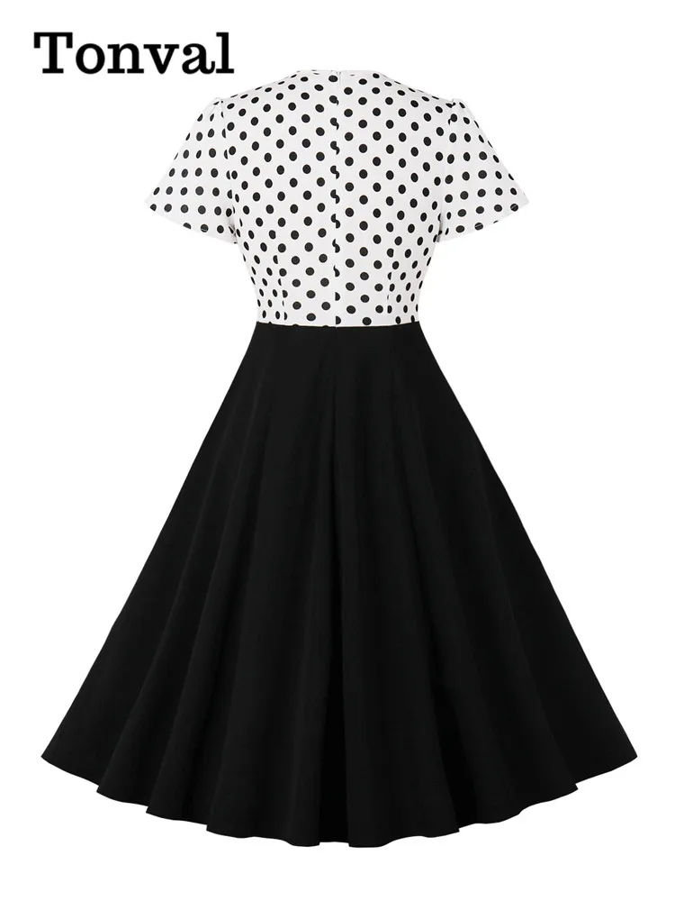 Tonval Polka Dot White and Black Vintage Women Swing Summer Dress Tie Neck Keyhole Front High Waist 50s Ladies Dresses