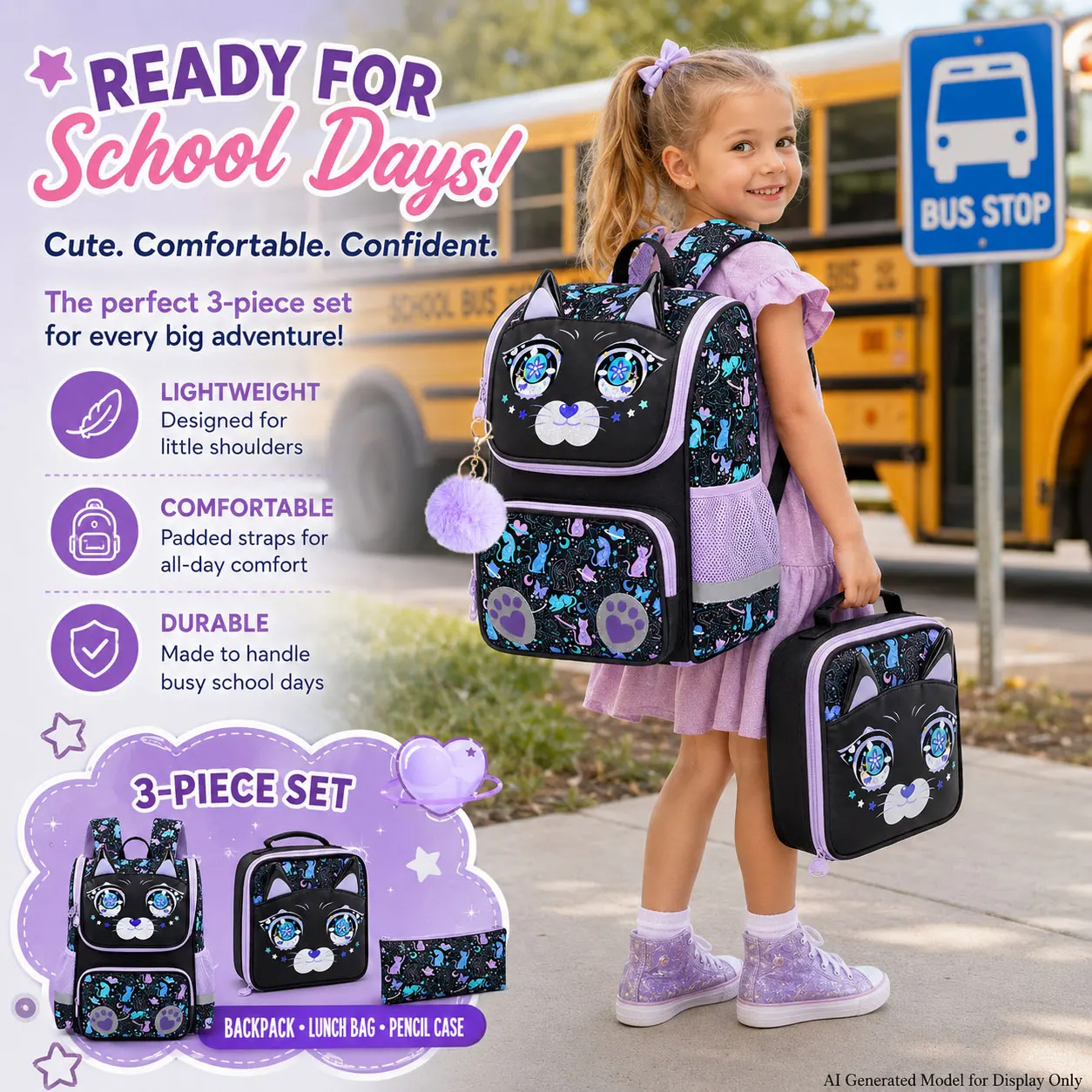 Kid's backpack 3PCS 15 Inch Hard Shell Set, Big Eyes Cat Print, One Backpack + One Handbag + One Pencil Case, Large Capacity Bag