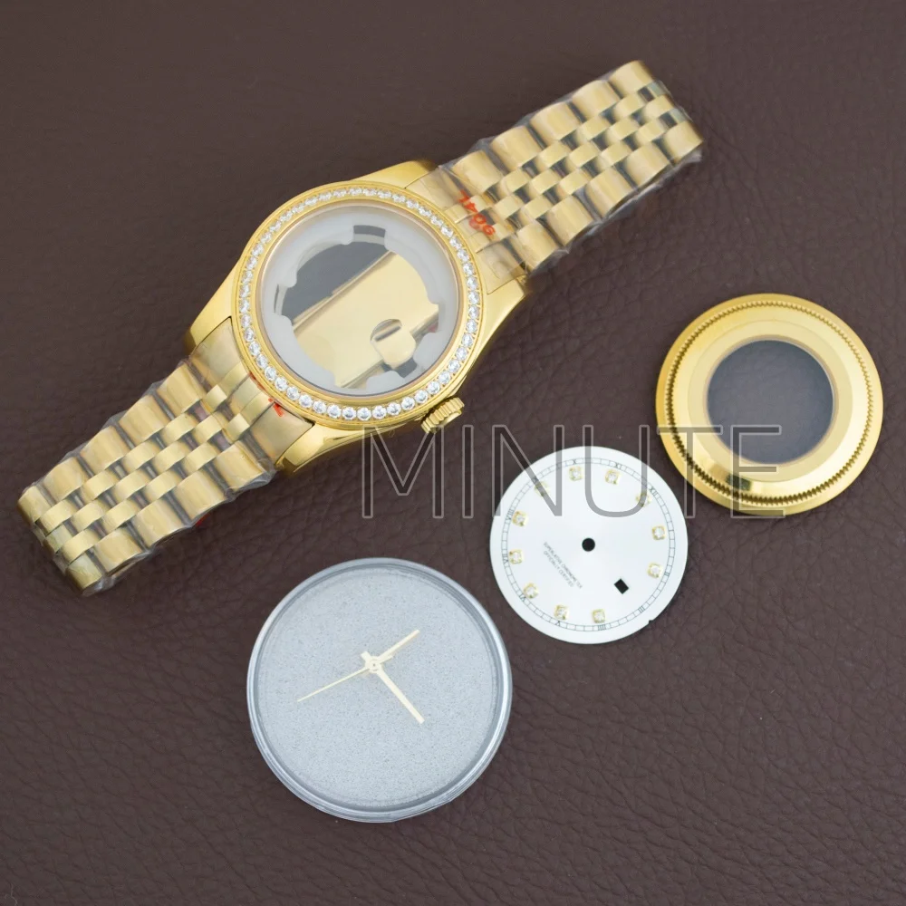 

33mm NH05 Watch Case Strap Gold Stainless Steel Sapphire Glass 24.5mm Dial Hands Set Gold Index For Ladies' Women Watch Case
