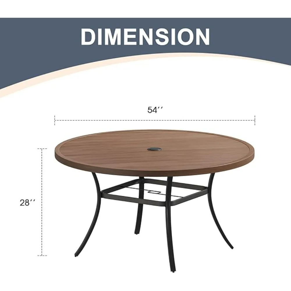 Circular terrace dining table, metal outdoor dining table with umbrella hole, can accommodate 6-8 people, 54 inch walnut wood