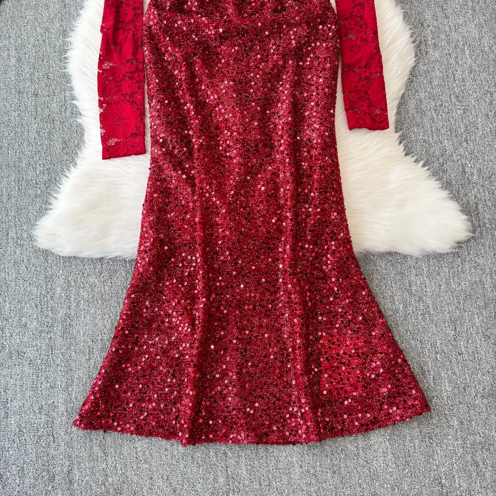 Sexy Red Sequined Suspender Dress Female High-end Birthday Dress Hip Fishtail Dress 2025 New Long Dresses for Women