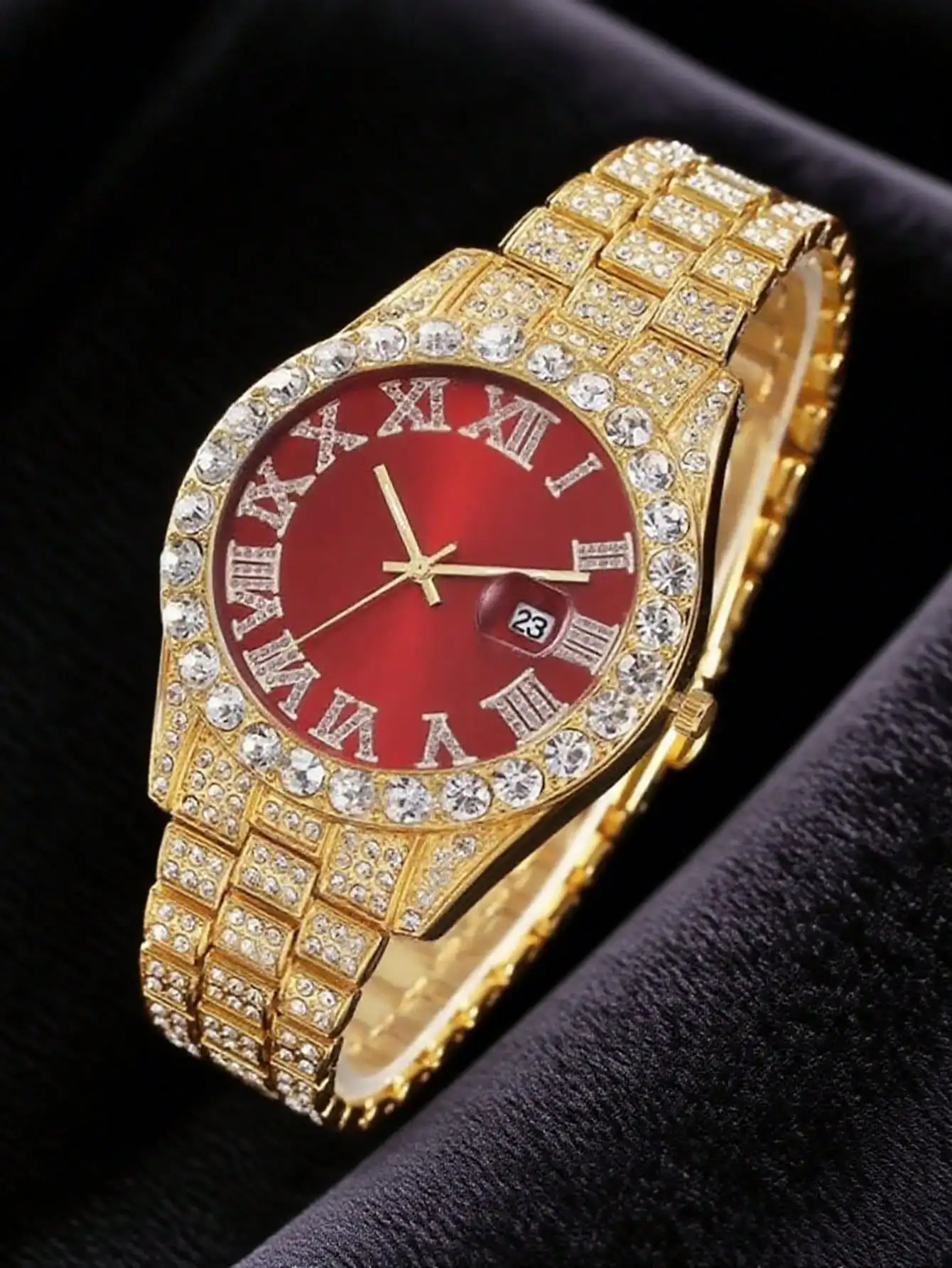 Elegant Men's Quartz Watch - Fashionable Roman Numerals With Luxurious Golden-Tone Crystal Accents, Large Round Dial, Zinc Alloy Band & Case, Battery Operated