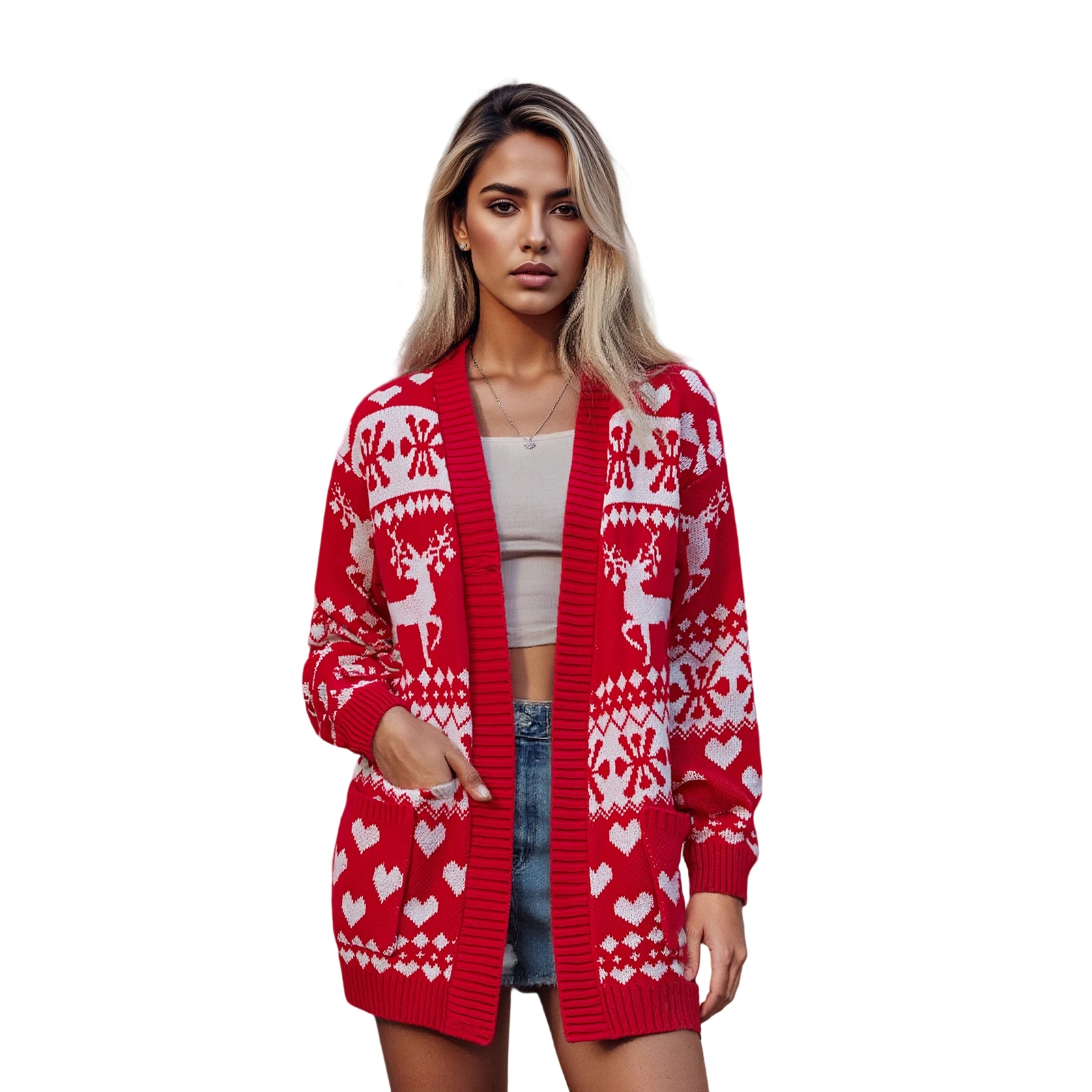 

Женский вязаный кардиган на Рождество с длинным рукавом, с узором «оленье сердце», мягкий и теплый свитер для повседневной носки