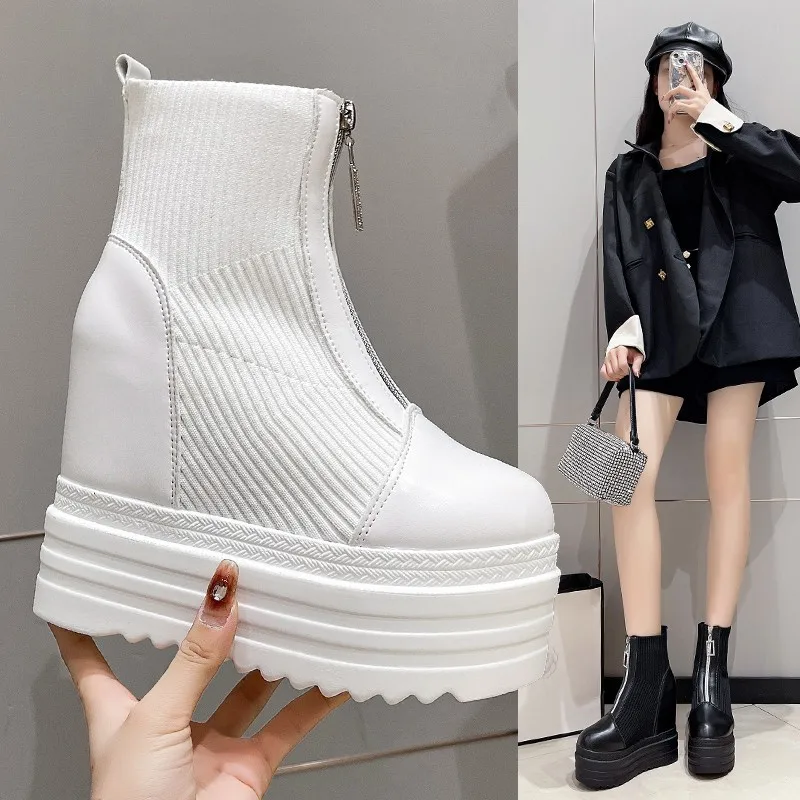 Women's High Heels Wedges Ankle Boots Waterproof Platform Thick-soled Autumn Fashion Knit Stitching Height Inside Ladies Booties - view 2