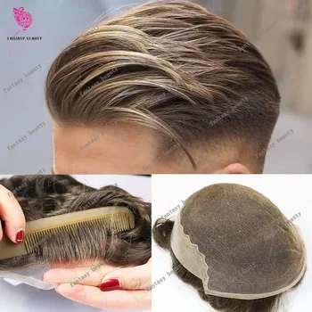 Natürlicher Haaransatz, Q6-Lace-Front-Perücken für Männer, Aschblond, Braun, atmungsaktiv, 100 % Echthaar, graues Herren-Toupet, Spitze und PU-Kapillarprothese