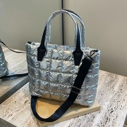 New Women Puffy Tote Bag PU Patent Leather Quilted Big Size Student Laptop Crossbody Bag Ladies Reusable Shopping Shoulder Bag