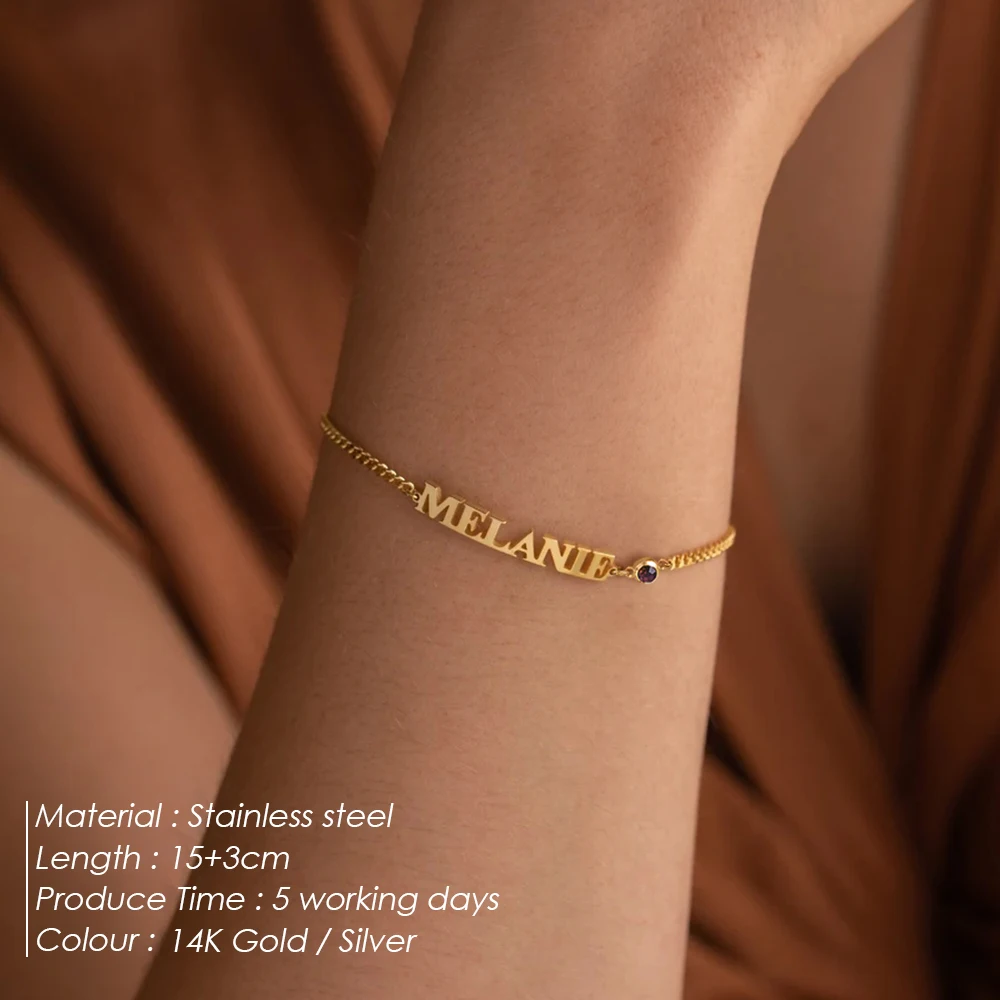 EMANCO DIY Birthstone Personalized Letter Customized Name Bracelet for Women Stainless Steel Jewelry Gift Support Dropshipping