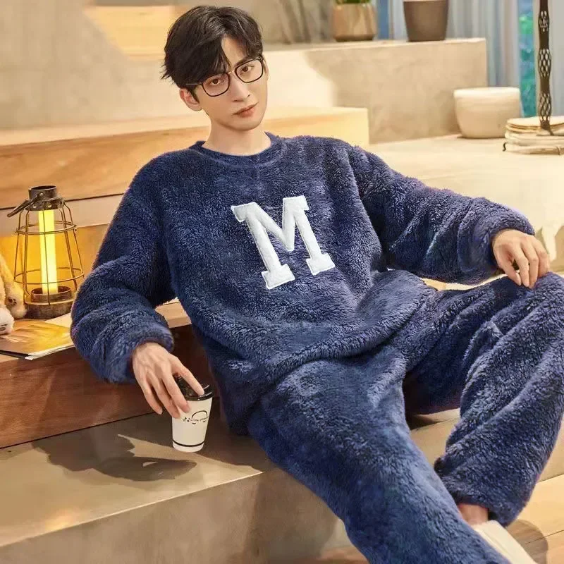 Home Nightwear Clothes Suit Warm Velvet Men's Winter Two-piece Sleepwear Loose Pajamas Pijamas Cartoon Flannel Korean Thickened