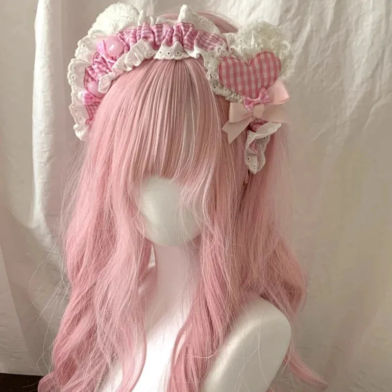 

ff34Новая оригинальная повязка для волос ручной работы с медвежьими ушками KC, хлопковое кружево, розовый и белый, милый головной убор в стиле Лолиты, винтажная повязка на голову с любовью