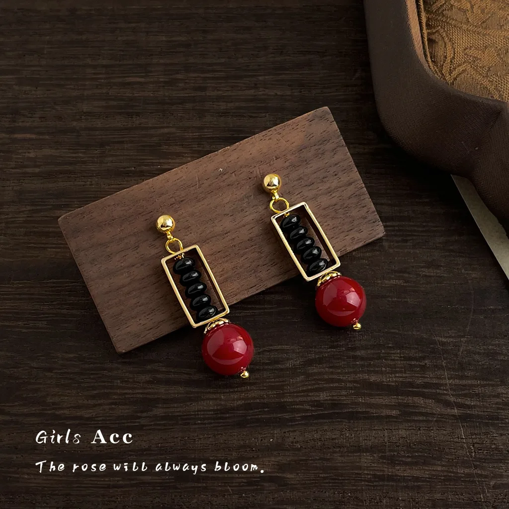

High-end Sense Retro Literary New Chinese Style Abacus Dangle Earrings Women Ethnic Geometric Square Black Agate Beaded Earrings